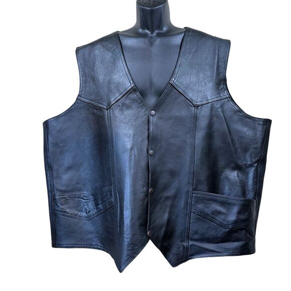 Vintage Leather Club Black Leather Snap Front Vest XXL - Picture 1 of 13